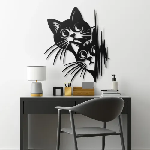 İki Kedi Metal Kesim Duvar Tablosu – Modern Kedi Sanatı, Minimalist Duvar Dekoru